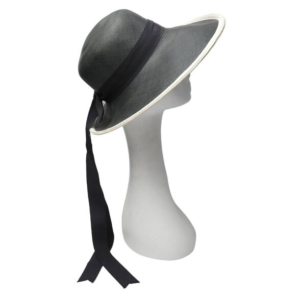 Vintage Filene's Wide Brim Straw Sun Hat Black White Grosgrain Ribbon Bow - Picture 4 of 10